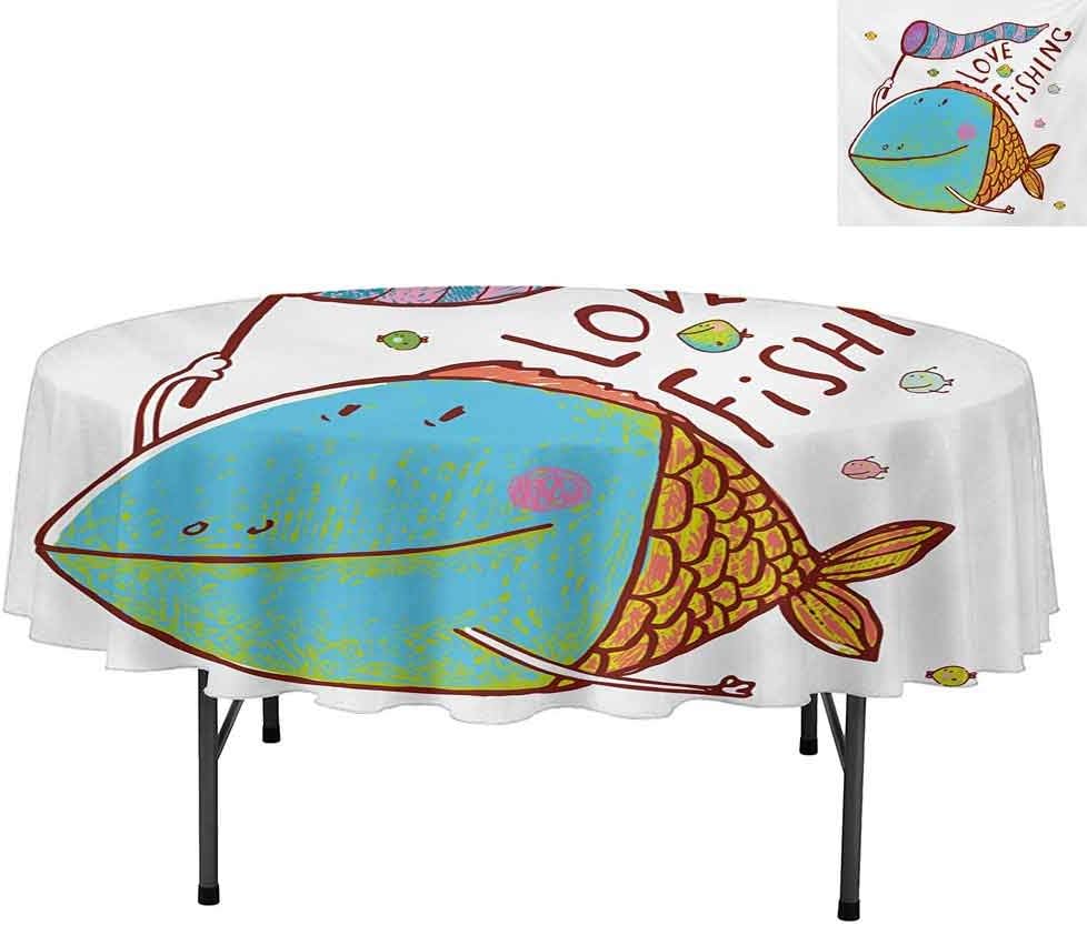 Oil-Proof Spill-Proof and Water Resistance Microfiber Tablecloth, Kids Cute Large Fat Fish Holding a Flag with Love Quote, Table Cover for Dining Table, Round 36", Multicolor