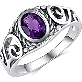 QKABTI Amethyst Engagement Rings for Women Sterling Silver 7x5 MM Oval Shaped Gemstone Filigree Rings Vintage Western Jewelry Birthday Gifts Size 4-11