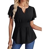 Rooscier Women's Notch V Neck Ruffle Flare Short Sleeve Ruched Shirred Trendy Blouse Shirts