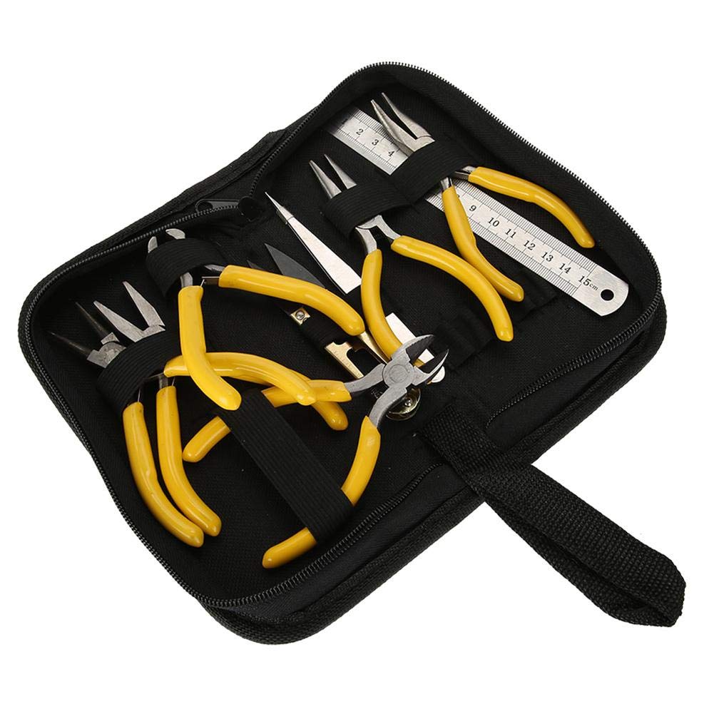 9PCS Professional Jewelry DIY Making Tool Set, Portable Jewelry Design Repair Craft Pliers Kit with Steel Ruler Tweezers Scissors in Storage Bag for Jewelry Makers