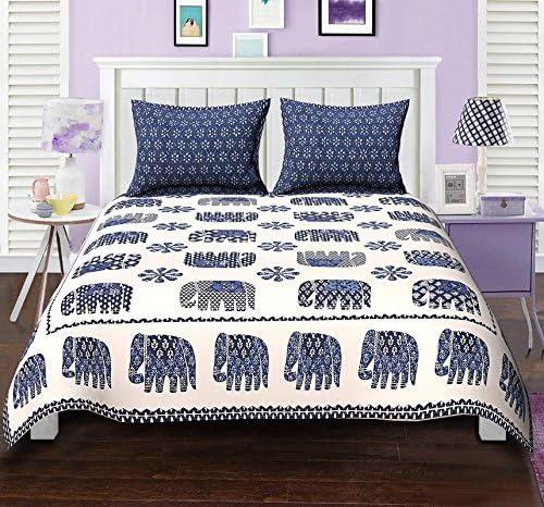 Urbano Homz 100% Cotton 144 TC Rajasthani Elephant Print Double BedSheet with Two Pillow Covers, King Size (Blue, Off White)