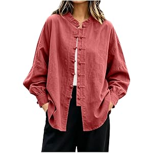 Xiaojmake Womens Long Sleeve Linen Shirts Tang Suit Tai Chi Chinese Style Kung Fu Uniform Frog Buttons Fall Lightweight Shirt