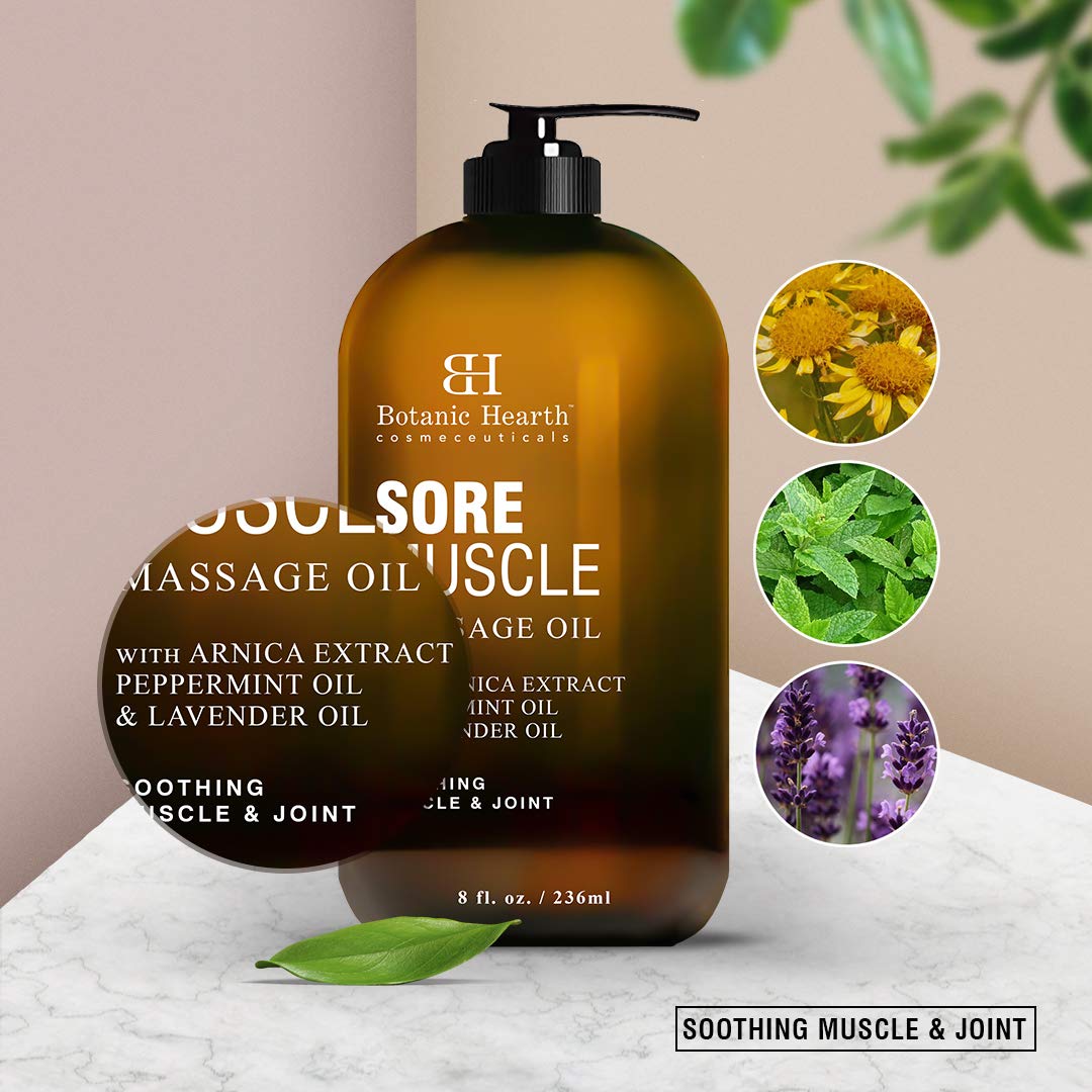 BOTANIC HEARTH Sore Muscle Massage Oil - with Arnica Montana Extract and Essential Oils - Warming and Relaxing - Soothes Tired Sore Muscles and Joint Pain, 8 fl oz : Beauty