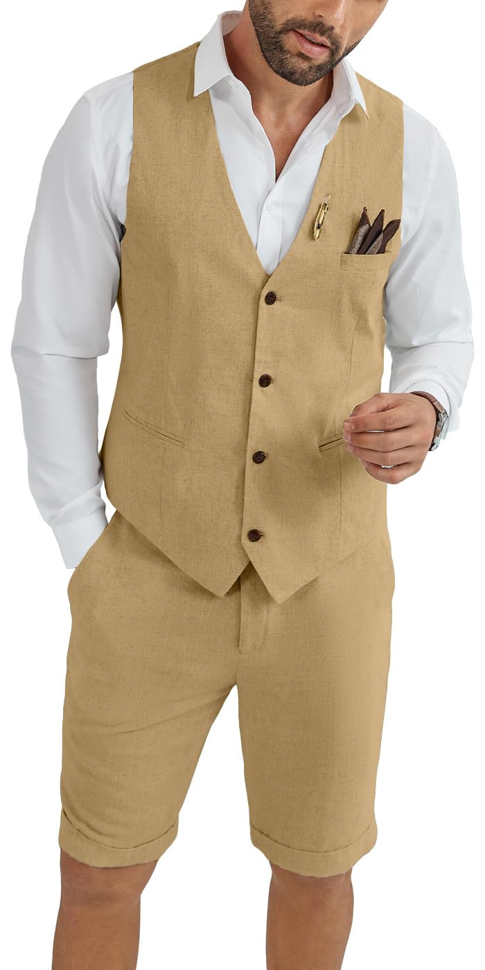 Photo 1 of Mens Linen Suit 2 Piece Men Khaki Summer Suits Slim Fit Shorts Suit Set Casual Beach Wedding Linen Vest Shorts Large