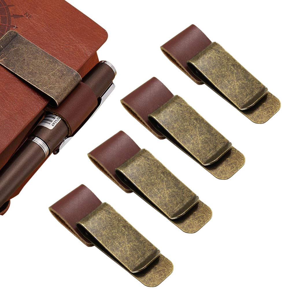 DINGZHAO 4-Pack Leather Pen Loop & Metal Clip Pen Holder, Vintage Retro Travelers Notebook Pen Clip, Journals Decorative Organizer for Notebook School Office (Style 2)