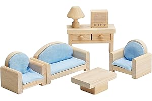 PlanToys Wooden Classic Line of Dollhouse Furniture- Living Room Set (9015) | Sustainably Made from Rubberwood and Non-Toxic Paints and Dyes | PlanNatural Classic Wooden Toy Collection