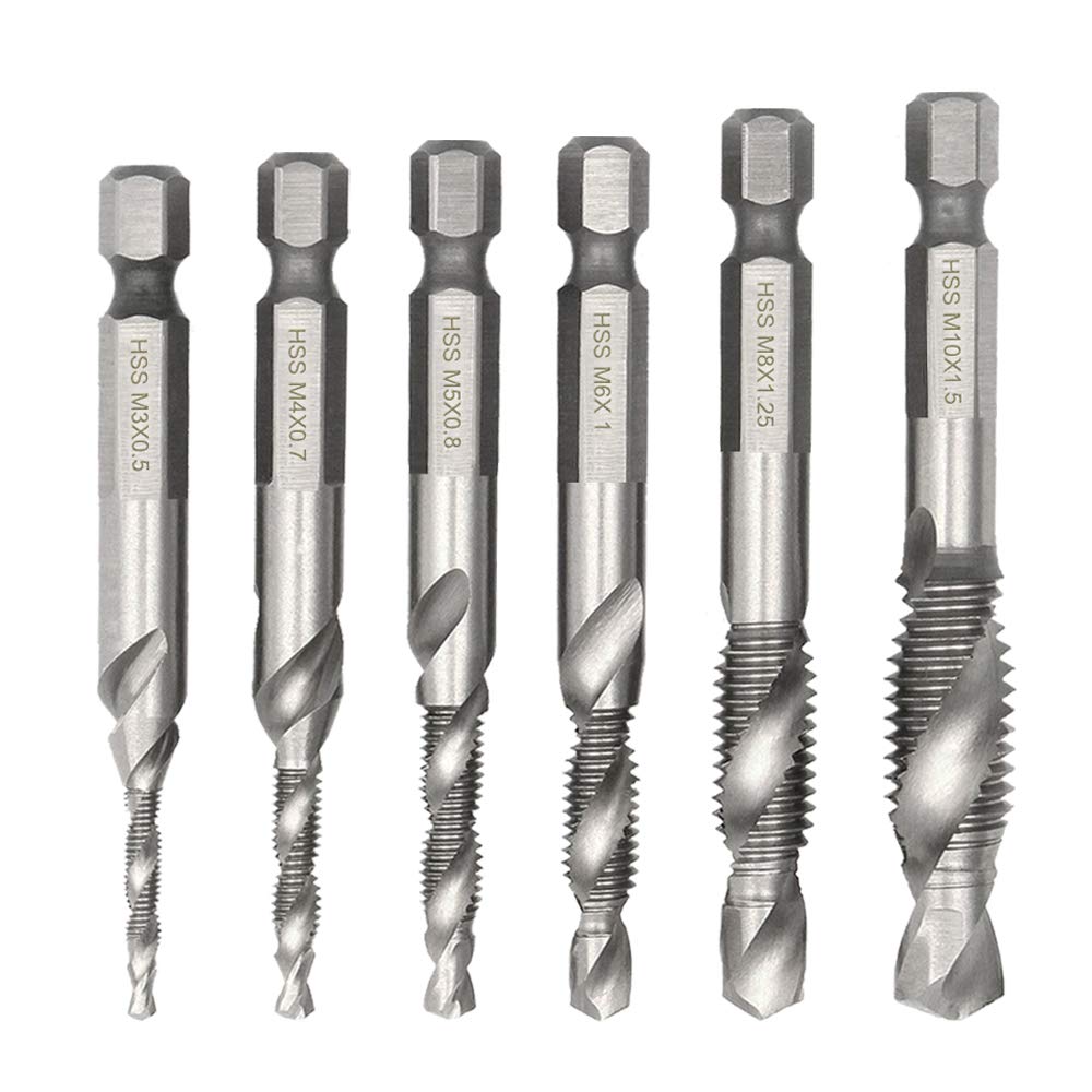 Saipor 6pcs Combination Drill and Tap Bit Set(M3-M10) HSS 1/4" Hex Shank Metric Countersink Tap Drill Bit for Wood, Plastic, Aluminum, Copper