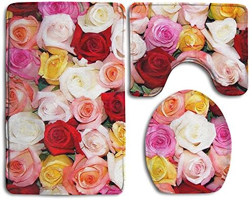 Bathroom Rug Mats Set 3 Piece Flannel Extra Soft Shower Bath Rugs ¨CContour Mat And Lid Cover -Rosr Pink