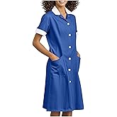 2026 Housekeeping Maid Uniform Dress Womens Button Down Scrub Dresses Workwear Pocket Short Sleeve Loose Dresses