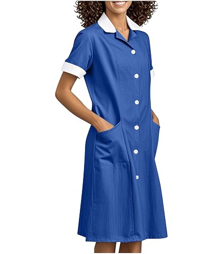 2026 Women Housekeeping Dresses with Pockets Button Front Nursing Workwear Loose Comfy Scrubs Dress Working Uniform Black at Amazon Women's Clothing store