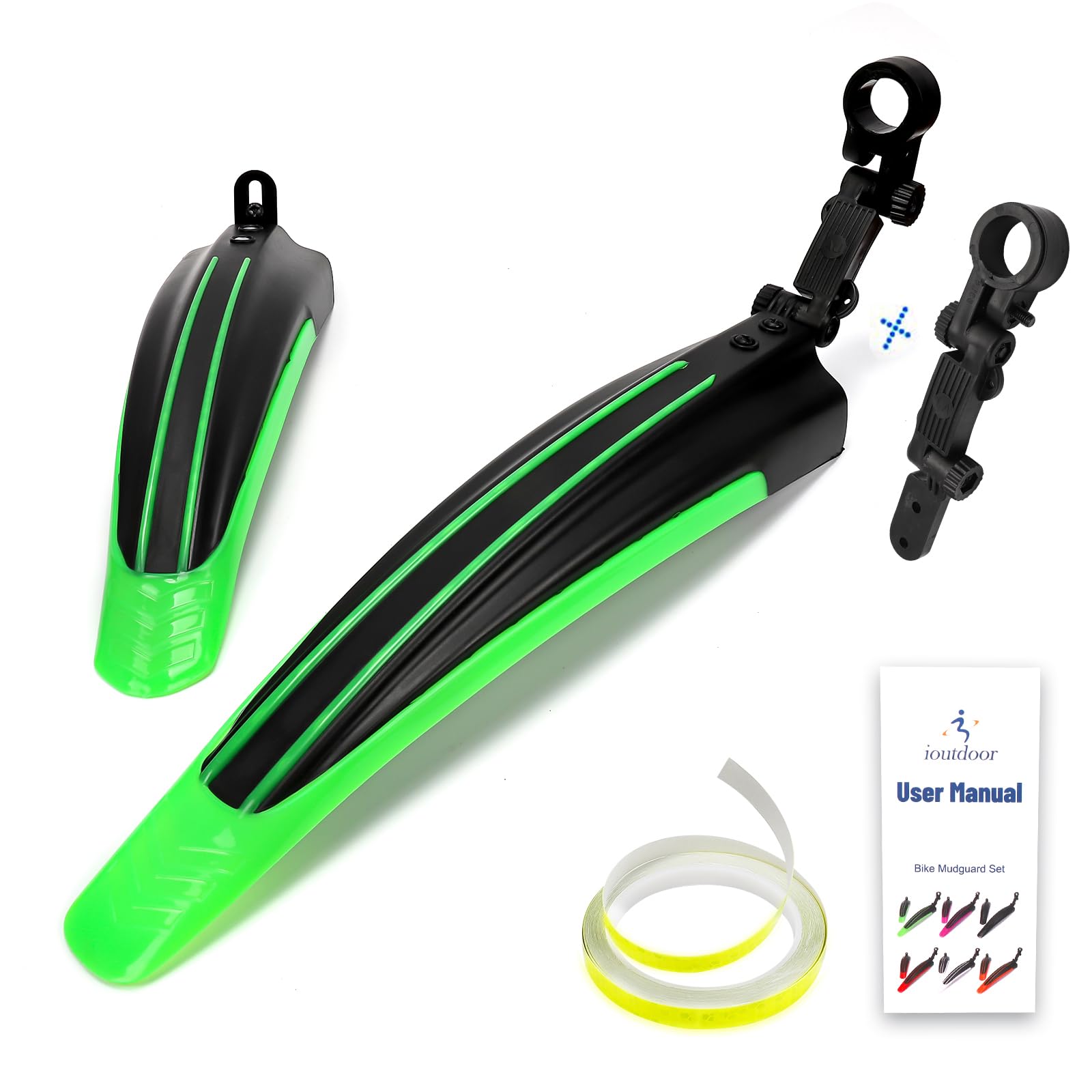 ioutdoor Bike Mudguard Set with 27ft DIY Reflective Tape, Bike Fenders Set Adjustable,Bicycle Front and Rear Mud Guard Fits for 20",22",24",26",27",28" MTB Mountain Road Bike Cycling (Black Green) — image 1