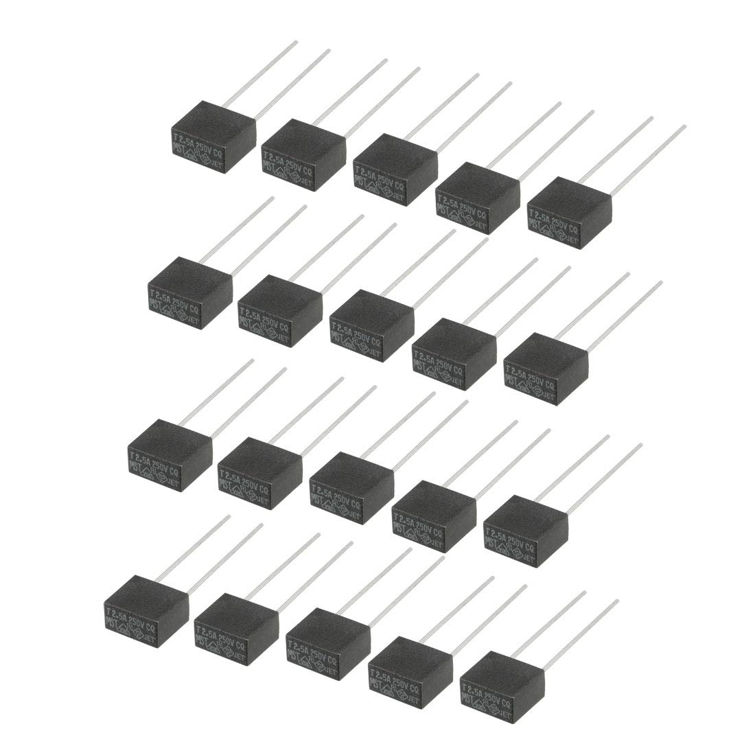 sourcing map 20Pcs DIP Mounted Miniature Square Slow Blow Micro Fuse T2.5A 2.5A 250V Black