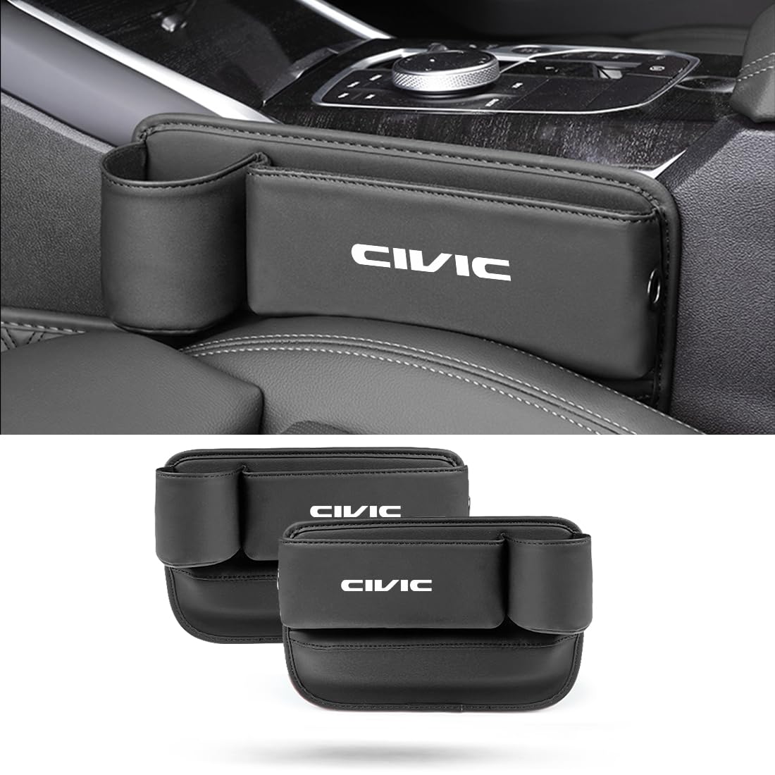 シビック 適用 シートサイドポケット 車内 CIVIC 専用 隙間 収納 ケース シビック e:HEV EX RS LX グレード適用 車 サイド 収納 ボックス 大容量 ドリンクホルダー付き 小物入れ 落下防止 カー用品 カーアクセサリー 便利グッズ PUレザー 全車種適用 直径7cm以内ボトルを入れ 運転席と助手席セット2個入り(ブラック,シビック 適用) の商品画像