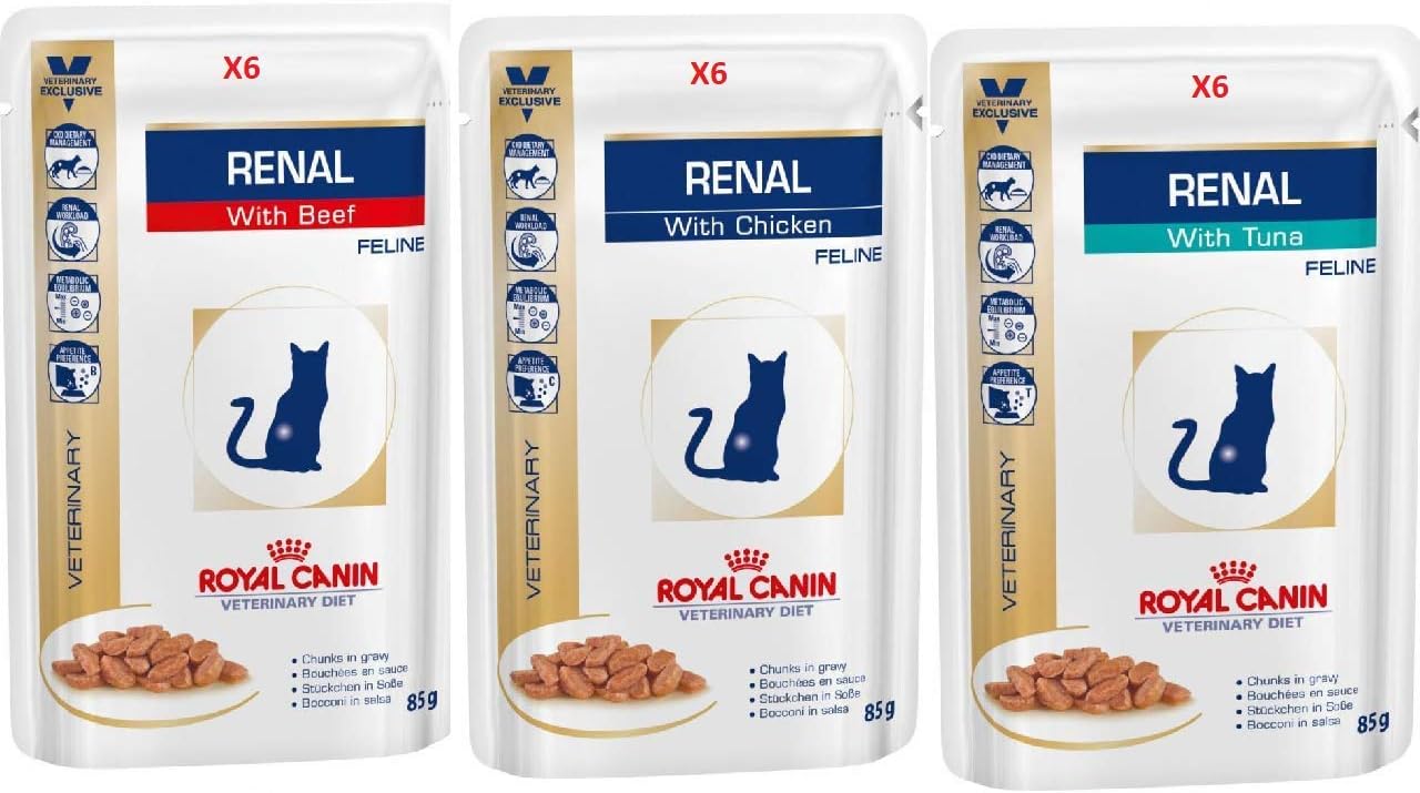 Royal Canin Feline Renal Mix of x6 Tuna x6 Chicken x6 Beef Cat Food each 85gram (Pack of 18) Wet Cat Food Premium