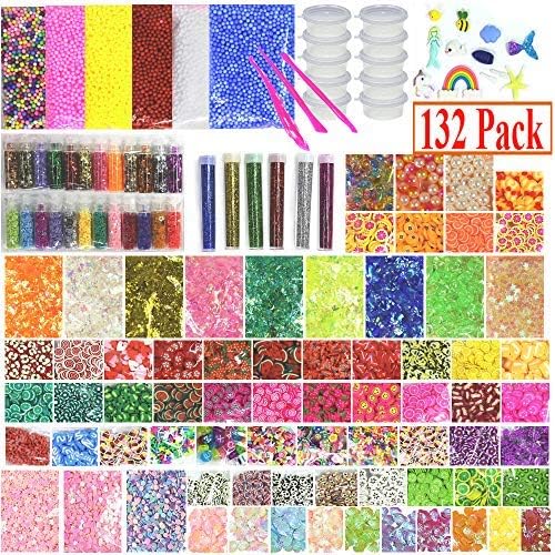 Habbi Slime Supplies Kit 132pcs DIY Slime Beads Charms Include Fishbowl Beads, Floam Balls, Glitter, Shells, Confetti, Cake Flower Fruit Slices, Slime Tools and Accessories for DIY Slime Making