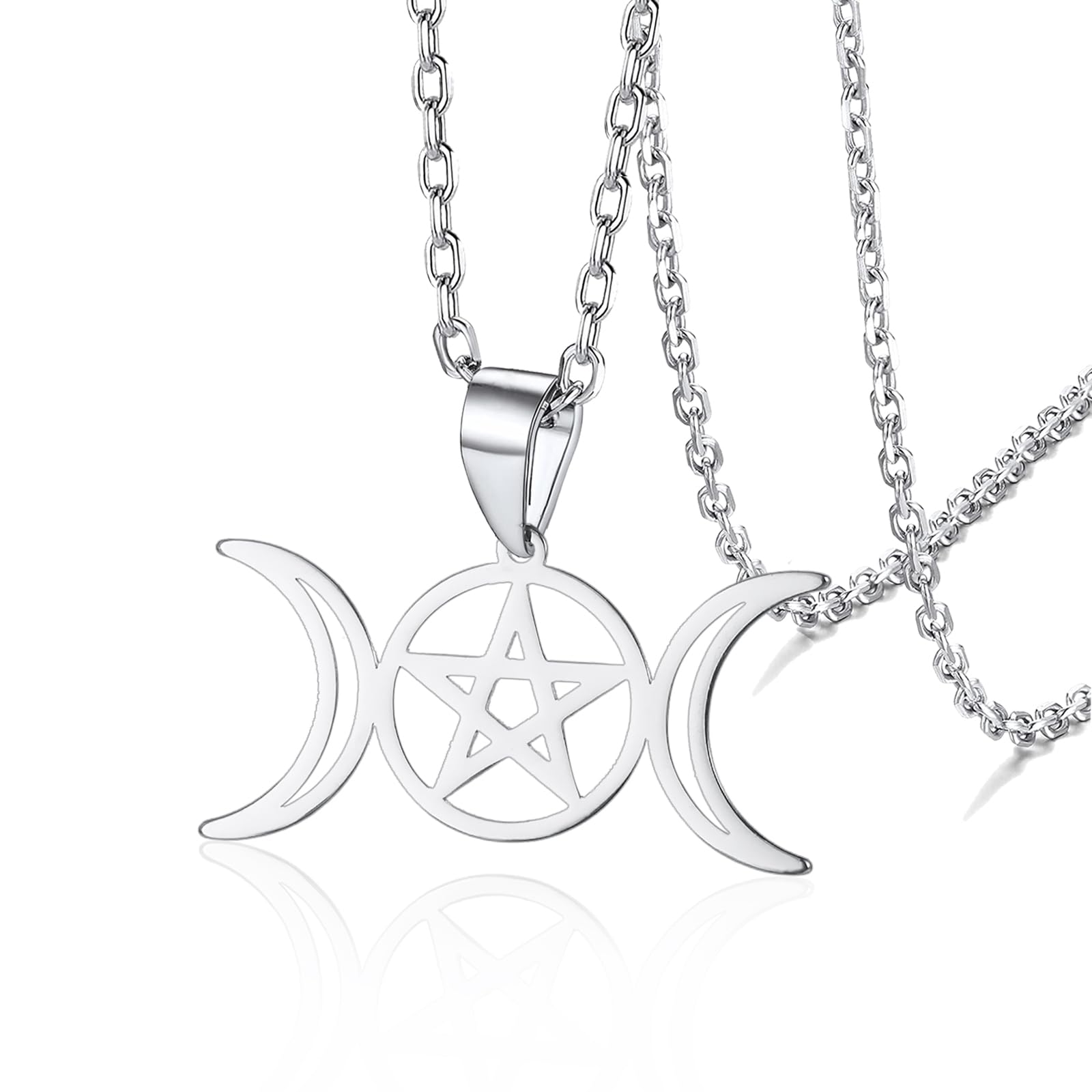 VASSAGO Triple Moon Goddess Necklace Wicca Pentagram Amulet Necklace Stainless Steel Jewelry