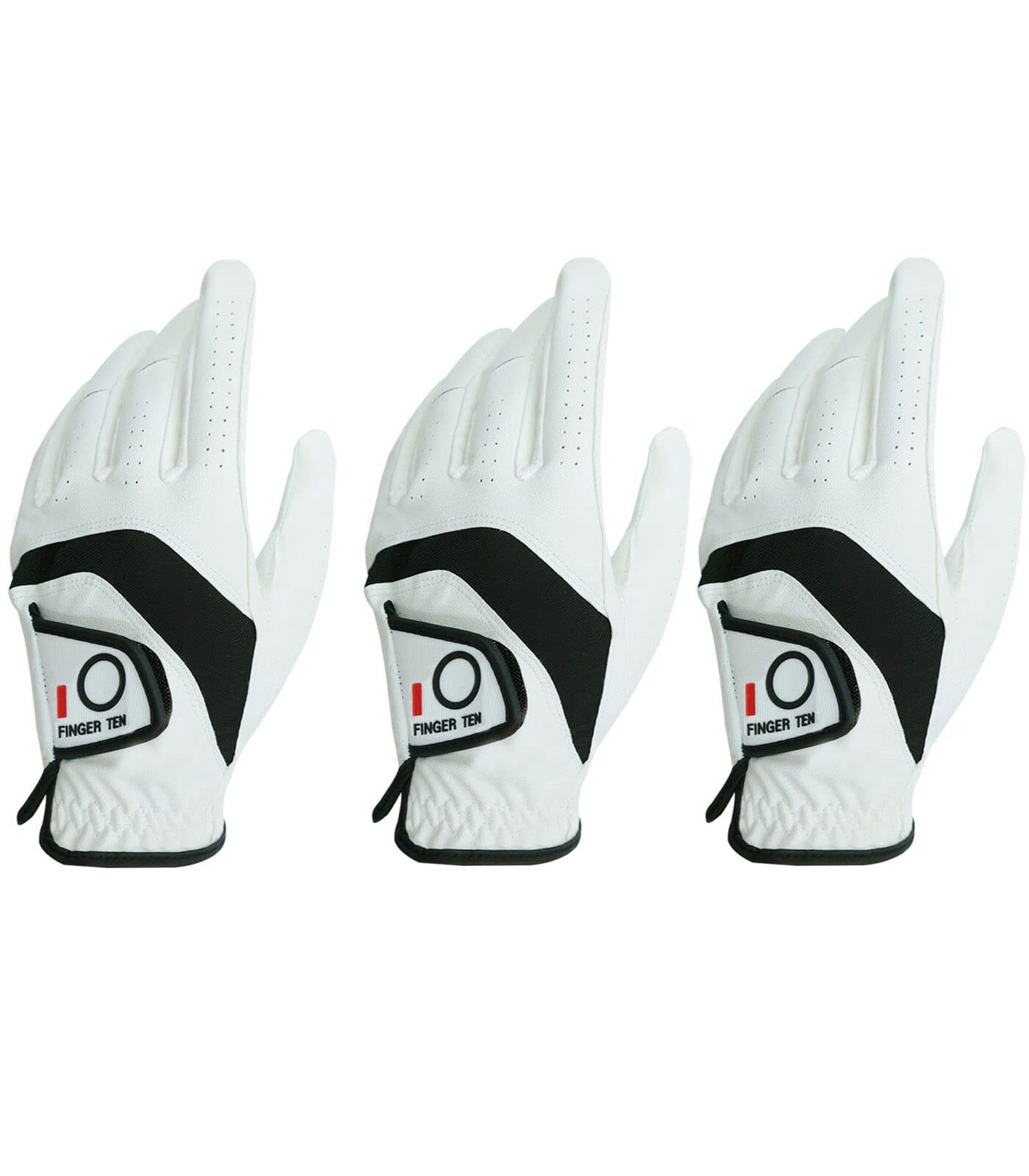 FINGER TEN Golf Gloves Men Left Right Hand Cabretta Leather Multipack All Weather Soft Value 3 Pcs, Golf Gloves Mens Rain Grip Soft Durable Comfortable (White, X-Large, Left)
