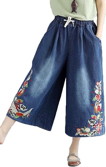 Amazon Aijuan レディース 刺繍 ガウチョパンツ ゆったり ワイドパンツ スリム おしゃれ ズボン ブーツカット 七分丈 綿 カジュアル 薄手 文芸 大きいサイズ ウェストゴム ファッション カプリ クロップトパンツ 通販