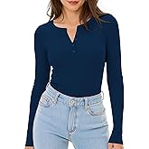 YumiDay Women's Long Sleeve Henley Tops, Slim Fitted Ribbed Casual Tee, Stretchy Base Layer Shirts