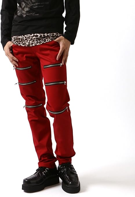 Amazon デヴィルンベース Devil N Bass ジップ スキニーパンツ V系 ヴィジュアル系 ファッション メンズ服 3l レッド ロングパンツ 通販