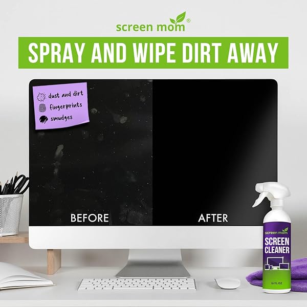 SCREEN MOM SCREEN CLEANER SPRAY AND MICROFIBER CLOTH 16OZ SCREEN CLEANER SPRAY AND WIPE FOR TV, LAPTOP, COMPUTER, PHONE, IPAD, CAR SCREEN CLEANING KIT ELECTRONIC CLEANER SPRAY
