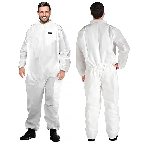 YIBER Hazmat Suit Disposable Coverall | Heavy Duty Full Body Painters Suit in 7 Sizes with Multiple Specifications for Men & Women Without Hood - Breathable & Water Resistant - Large, White, 3