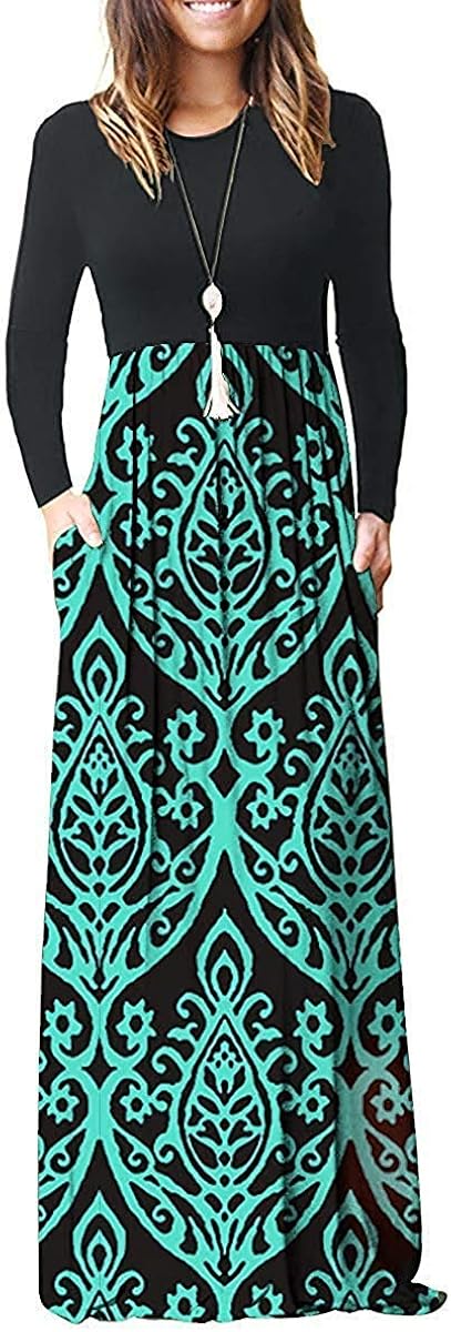 AUSELILY Women Long Sleeve Loose Plain Plus Size Maxi Dresses Casual Long Dresses with Pockets: Clothing