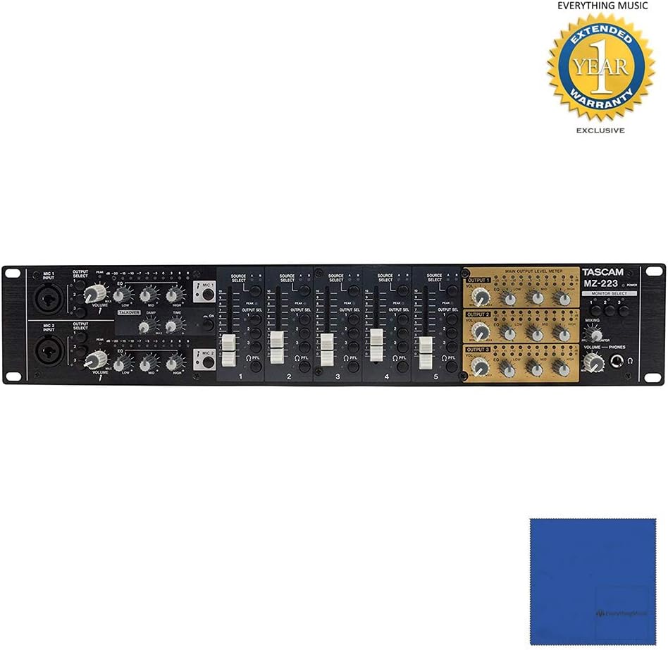 Tascam MZ-223 Industrial-grade Audio Zone Mixer with Microfiber and 1 Year Everything Music Extended Warranty