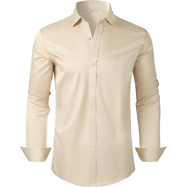 cream color dress shirt Color Block Long Sleeve Men Button Up Shirt, Brown Beige Cream Pastel Tone Combo Print Buttoned Male Guys Collared Dress Shirt Chest Pocket 2XL