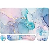 Keyboard Wrist Rest Large Mouse Pad Wrist Support for Computer, 4 in 1 Memory Foam Keyboard Pad Desk Mat Ergonomic Hand Rest Wrist Cushion for Home Office Gaming - Blue Marble