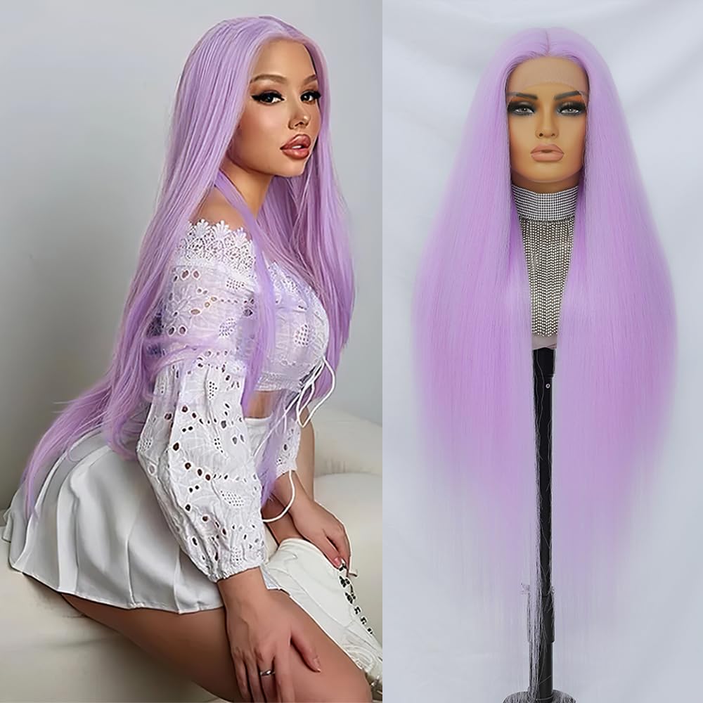 Photo 1 of Felek Super Long Purple T Part Lace Wigs 40 Inch Straight 13x4x1 T Lace Front Wigs Heat Resistant Fiber Glueless Pre-Plucked Natural Hairline Lace Wig For Fashion Women/Girls(Purple)