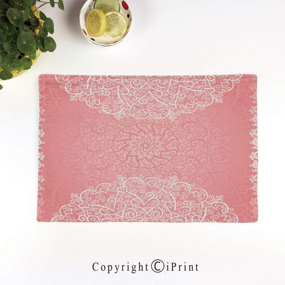 LIFEDZYLJH Heat-Resistant Placemats,Stain Resistant Anti-Skid Washable Table Mats Woven Vinyl Placemats,Doily Inspired Cute Lace Style Round Motifs with Ornate Intricate Hearts Decorative,Coral White