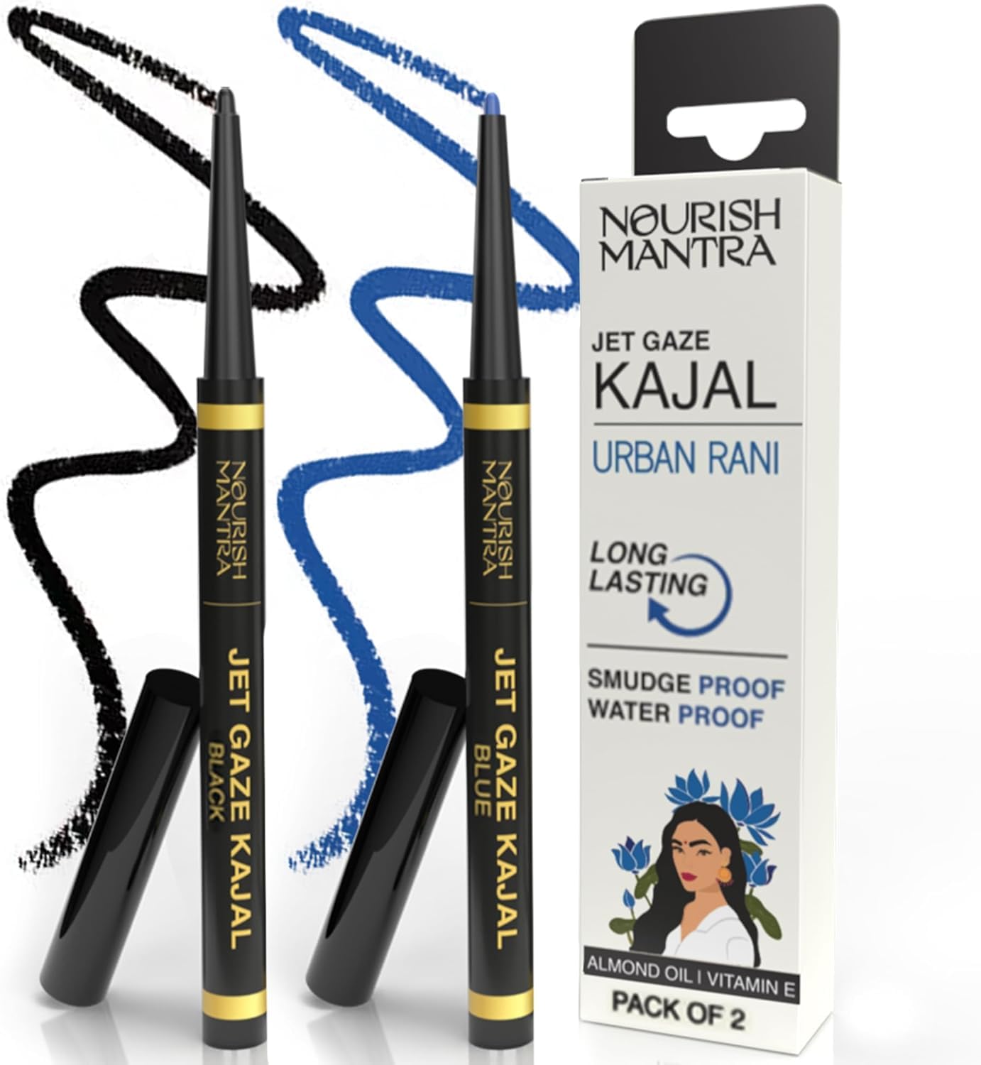 Nourish Mantra’s Jet Gaze Kajal Urban Rani - Combo | Made with Almond Oil, Argan Oil & Vitamin E | Intense Pigmentation | Smudge Proof | Water Proof | Long Lasting (Black and Blue)