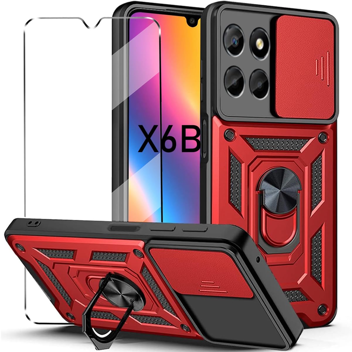 Honor X6B 2-in-1 Tempered Glass Case with Slide Camera Protection, Heavy Duty Military Grade Protective Cover, Phone Holder, Red — image 1