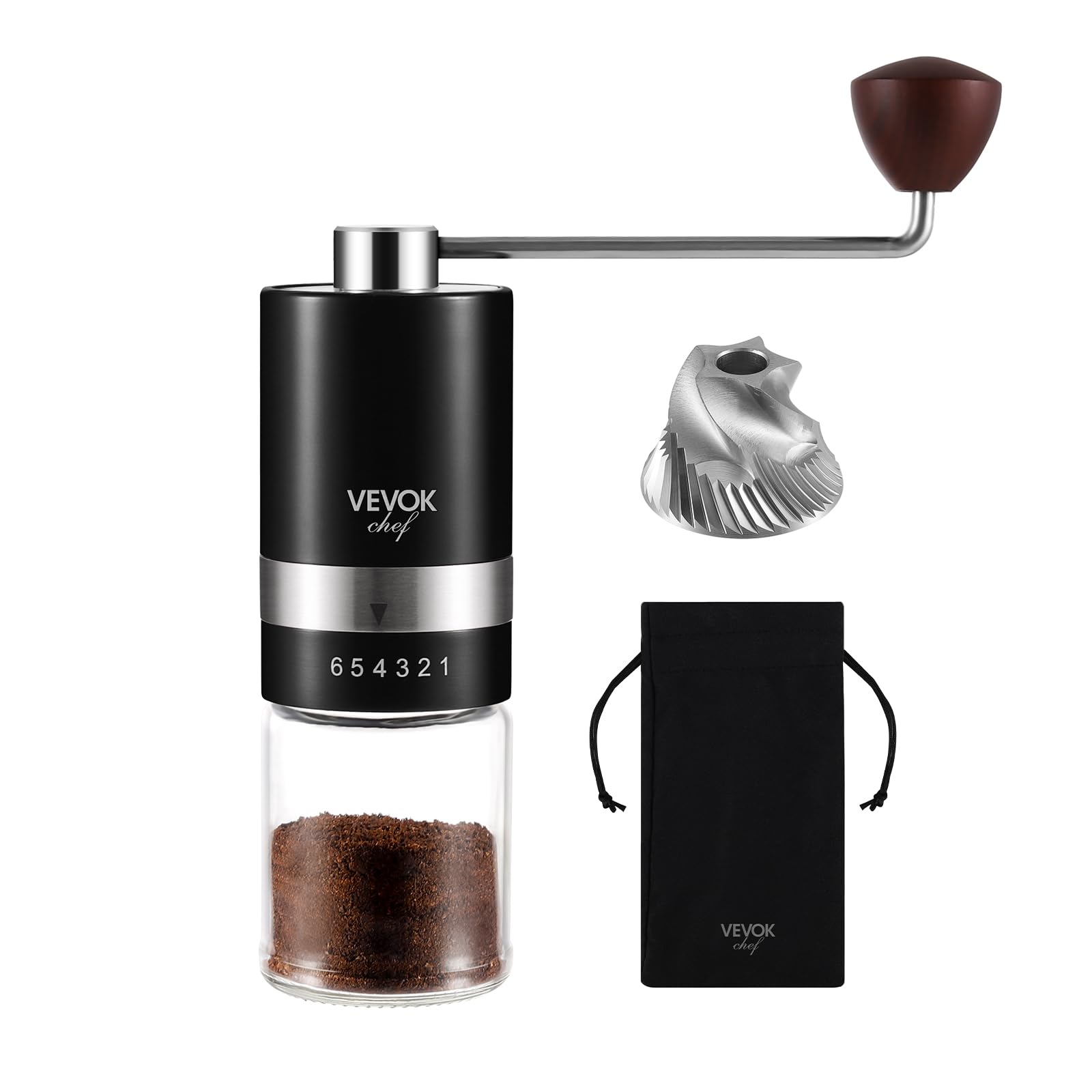 Vevok Chef Manual Coffee Grinder with 6 External Adjustable Coarseness for Espresso to French Press, Stainless Steel Conical Burr, Ideal for Home, Office or Travelling, Black