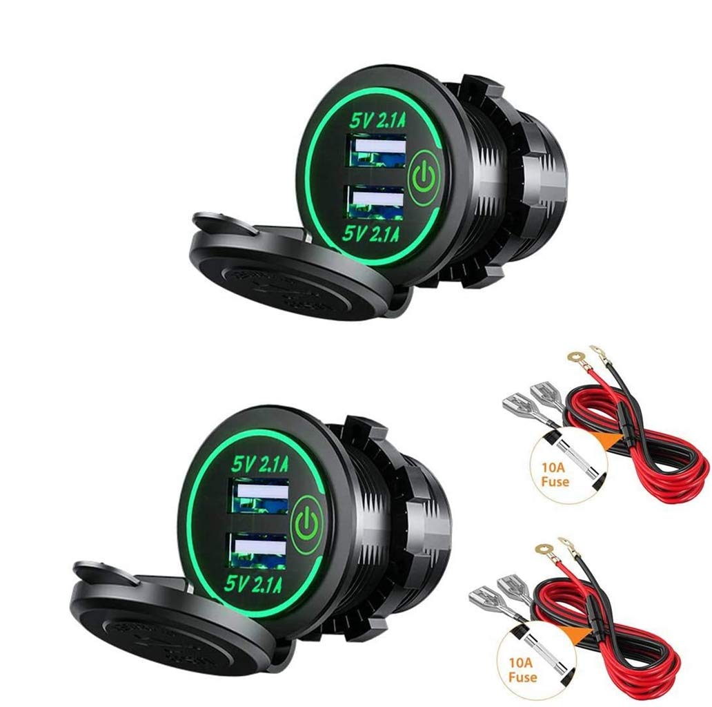 Thlevel Dual USB Car Charger Socket 5V 4.2A Power Outlet with Switch Green Light for 12V 24V Boats and Marine Motorcycle Truck 2 Pack