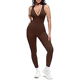 SHAPELLX Tummy Control Workout Jumpsuits for Women One Piece Comfy Yoga Outfits V Neck Sleeveless Bodycon Pants Romper