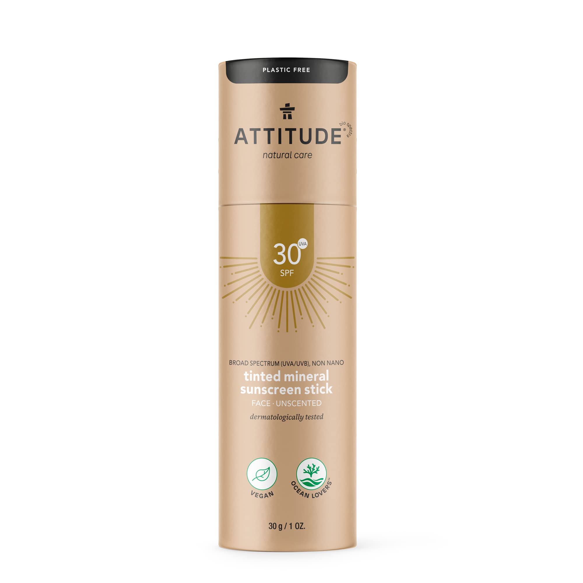 ATTITUDE Tinted Face Sunscreen Stick SPF 30, Plastic-Free Waterless, Plant and Mineral-Based Ingredients, Vegan Sun Care Products, Unscented, 30 grams