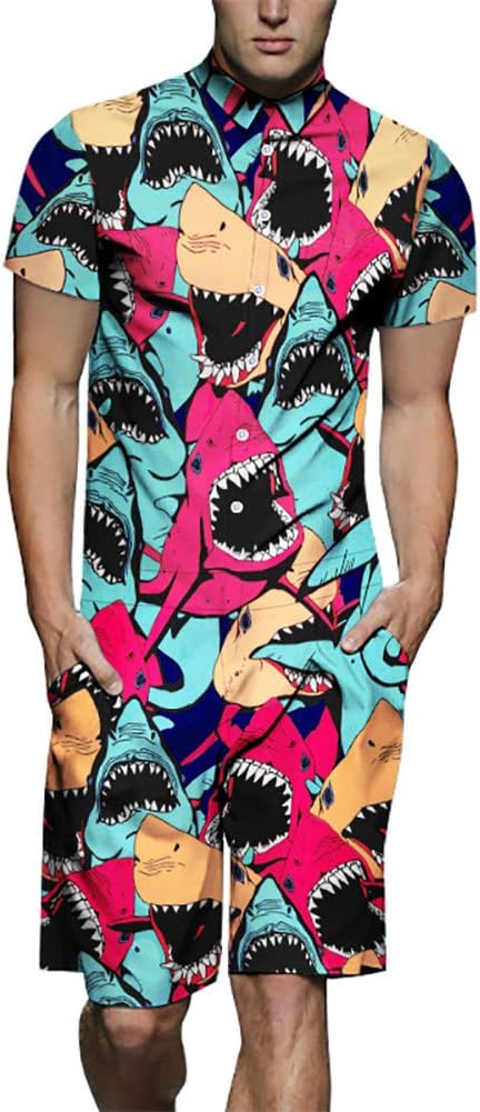 Men's Fashion One Piece Romper -Summer Short Jumpsuit Shark Printing XL