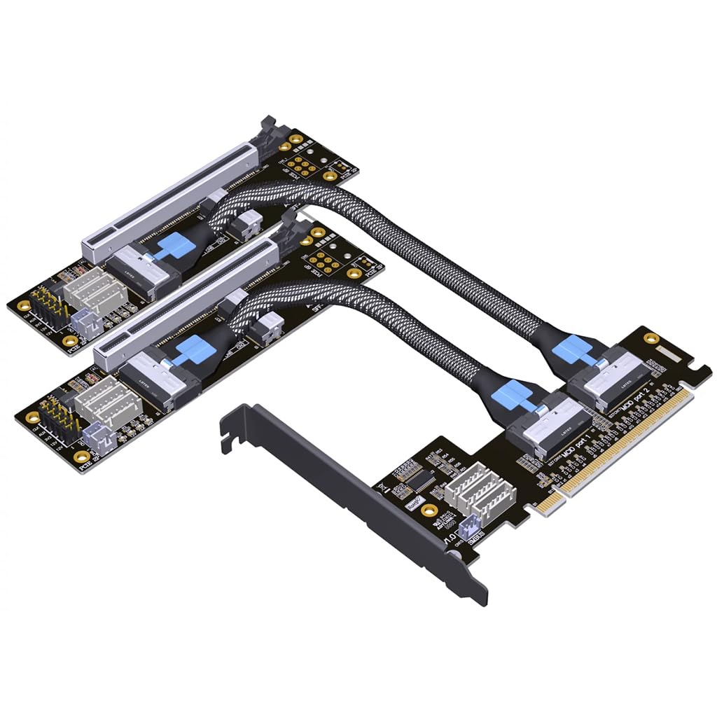 Photo 1 of JMT ADT-F36B-F37B-D8S PCI-e 4.0 X16 to X8 X8 MCIO Bifurcation Adapter Riser Card 256G/bps Split Extender SFF-TA-1016 with Power Cable (50cm)