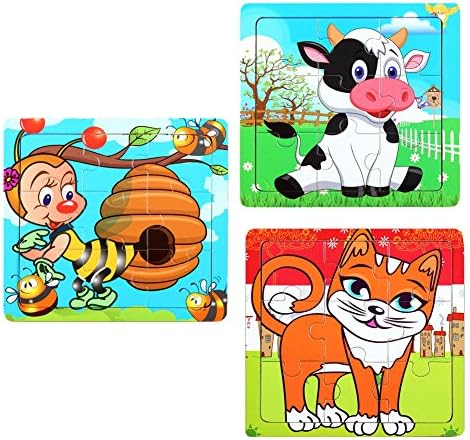 WELLSKEY Wooden Peg Puzzles Set of 3 (Cat, Bee, Cow)