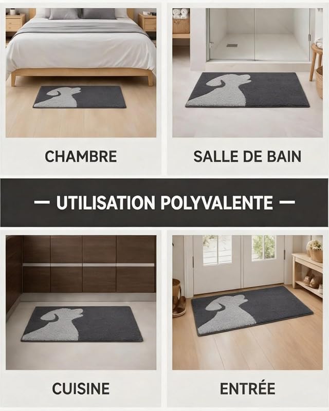 50×80cm Paillasson Intérieur Antidérapant et Absorbant – Tapis Microfibre Lavable avec Base en Caoutchouc pour Cuisine, Salle de Bain, Entrée et Animaux – Gris Anthracite Chien — photo 7 sur 8