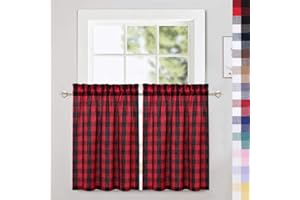 CAROMIO Cafe Curtains 30 Inches Length, Buffalo Plaid Gingham Check Short Tier Curtains for Kitchen Bathroom Window Curtain, Red/Black