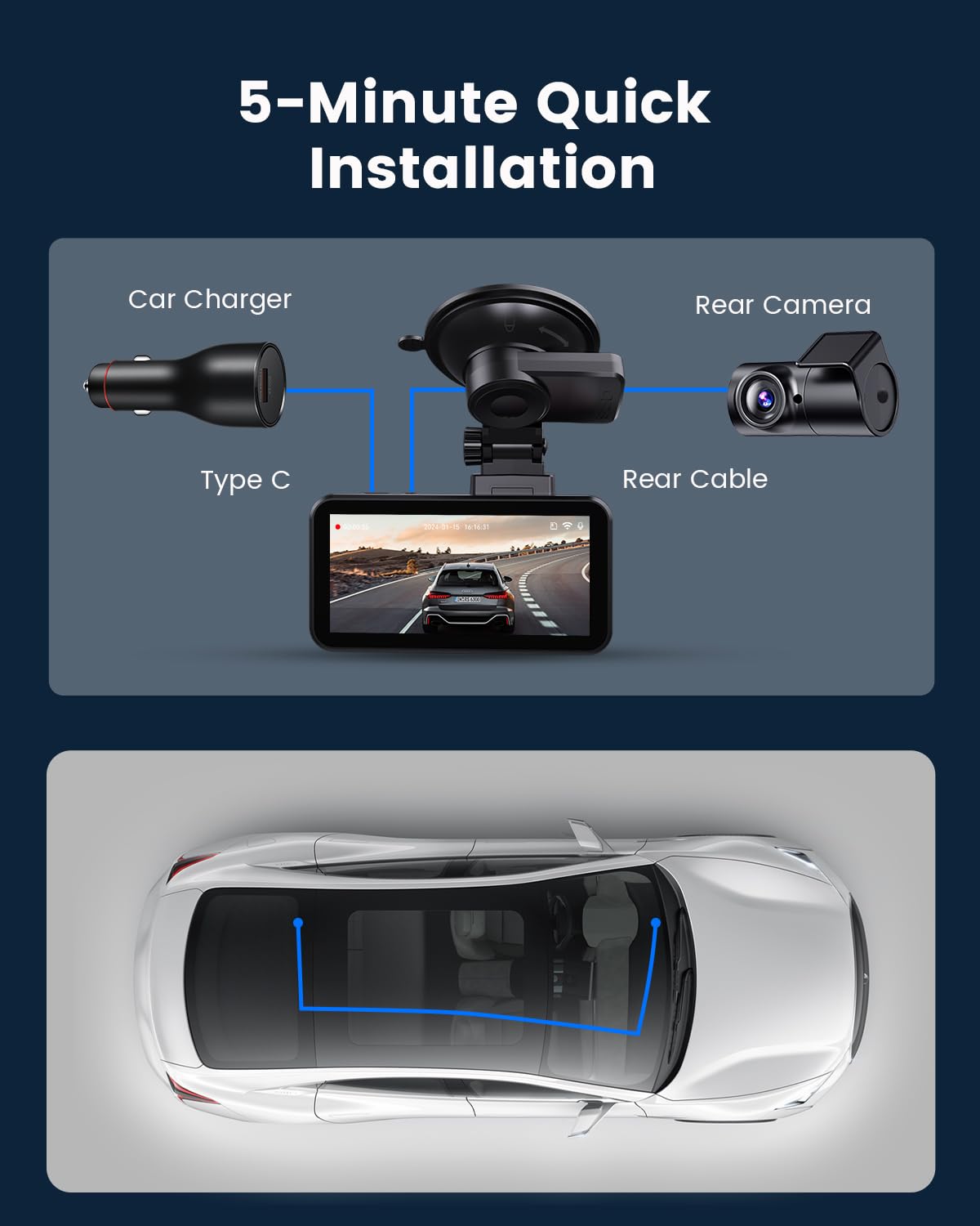 COOLCRAZY Dash Cam Front Rear: 4K+1080P Full HD Dashcam Free 64GB Card, with 5G WiFi GPS, Dual Dash Camera for Cars with 3