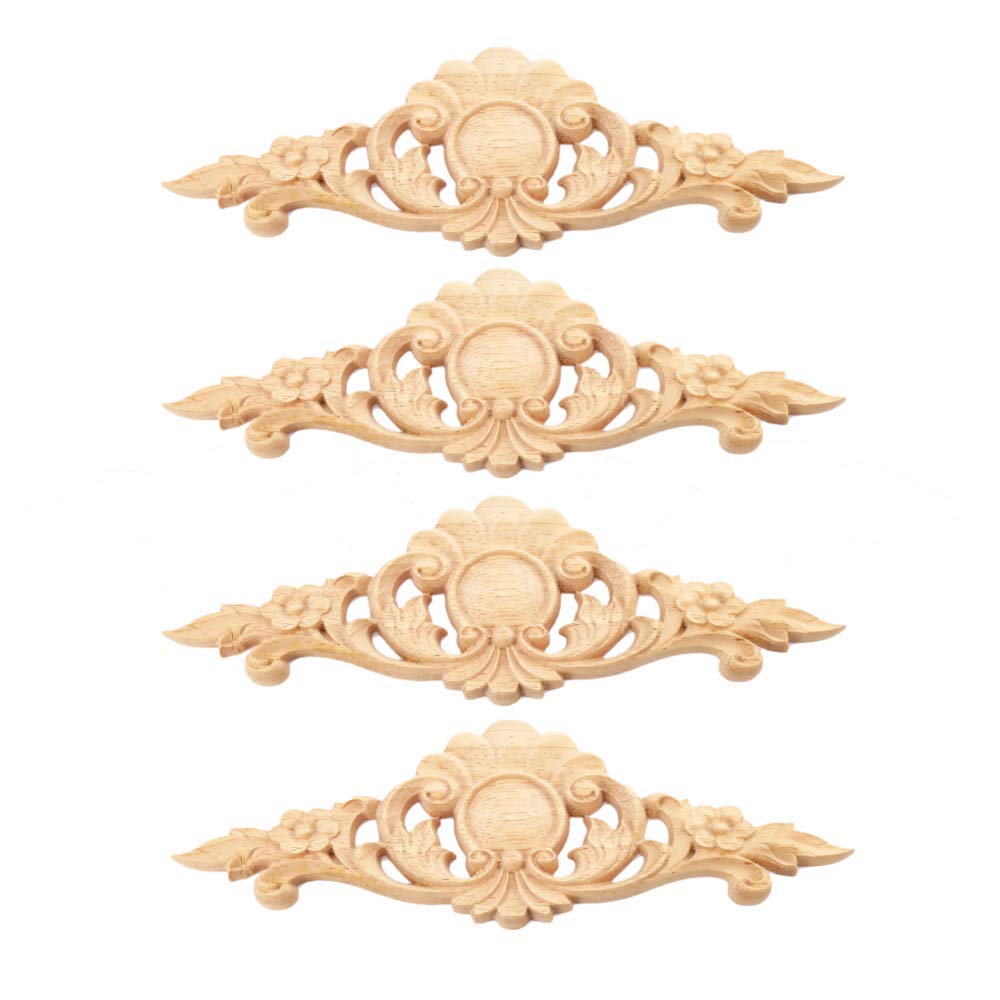 4pcs Wood Carved Mouldings Onlay Applique Decal Long Unpainted Flower Door Home Decor 22 * 7cm European Style