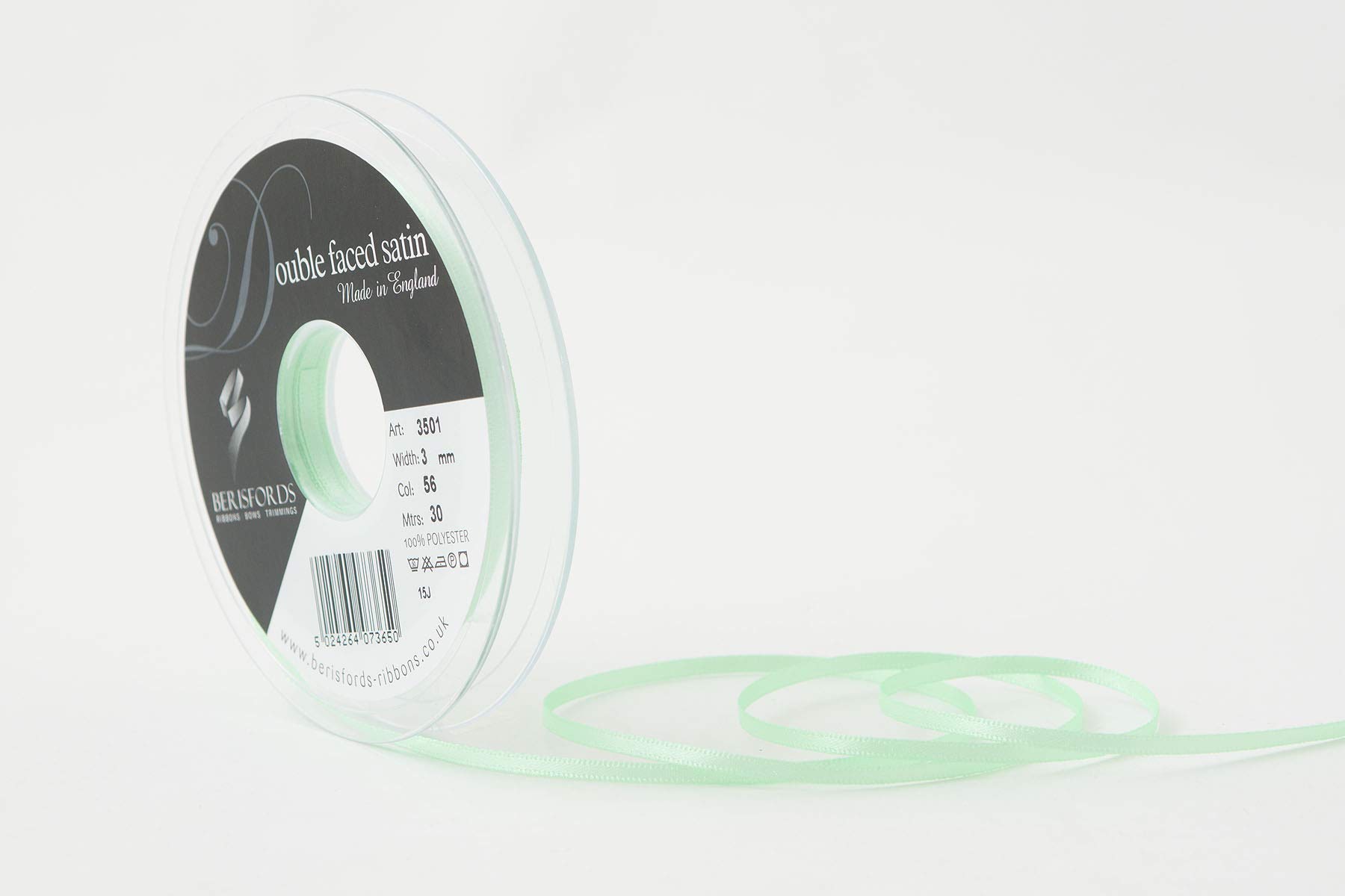 Berisfords Double FACE Poly Satin Ribbon, Mint Green, 3 mm