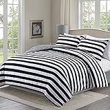 Moliy Lightweight 3pc Duvet Cover Set with 2 Pillow Shams,Microfiber,with Zipper Closure&Corner Ties,Reversible,Classic Stripe Design,Black/White Color,Hypoallergenic,Soft and Extremely Durable(Queen)
