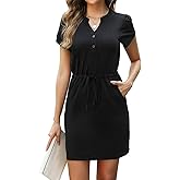 CiCiBird Women Summer Button V Neck Dress Casual Short Sleeve Mini Dresses Work Drawstring Waist Dress with Pockets