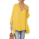 Aoysky Womens Oversized T Shirts Button Down Long Sleeve Shirt V Neck Collar Loose Flowy Blouse