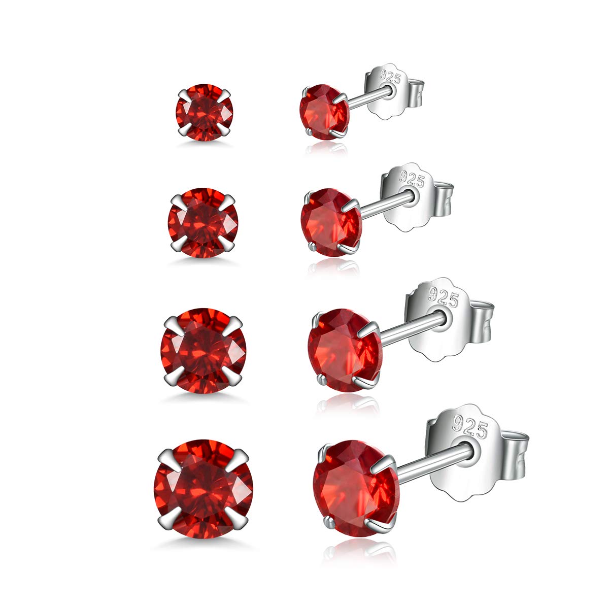 Shuxin Silver Stud Earrings for Women, 4 Pairs 925 Sterling Silver Zirconia Stud Earrings Set, Hypoallergenic Small Sleeper Cartilage Studs, with AAAAA Red Cubic Zirconia, Size: 3, 4, 5, 6mm
